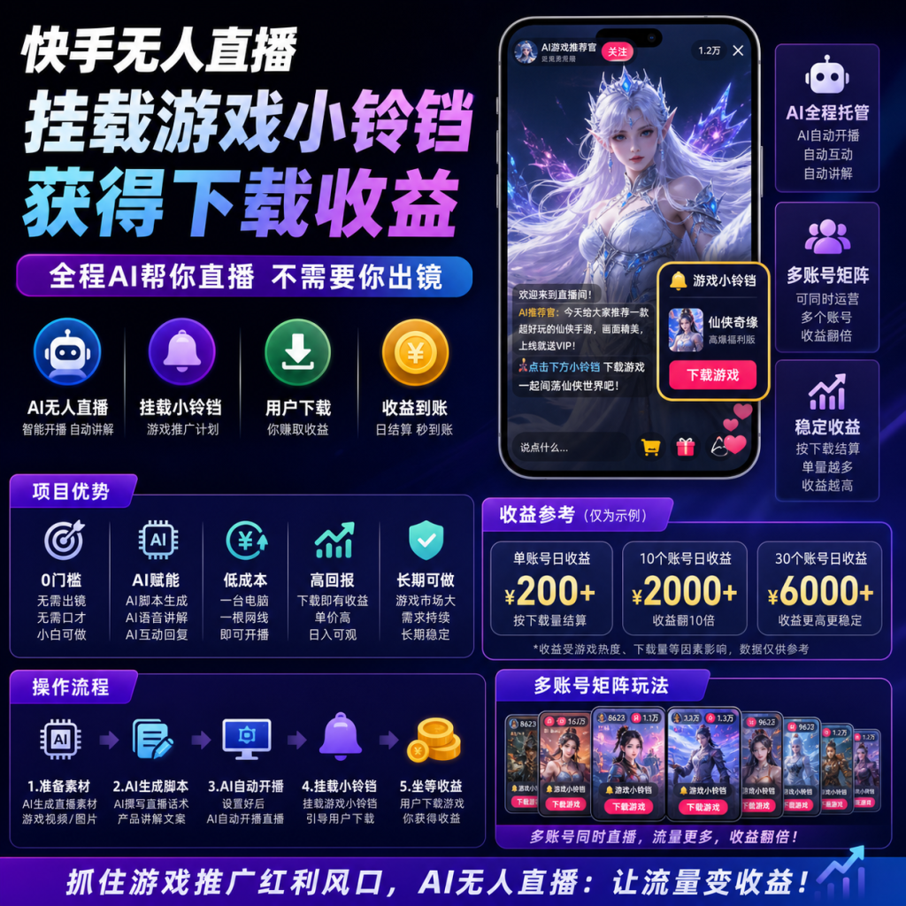 快手 AI 无人直播游戏小铃铛下载收益项目-疾晨网络科技工作室 快手 AI 无人直播游戏小铃铛下载收益项目-疾晨网络科技工作室